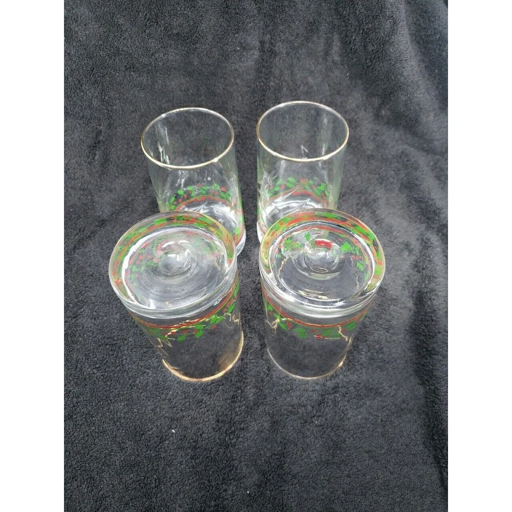 Arby's Holly Berry Tumbler Glasses VTG Christmas 1984 Heavy Weight Base Gold Rim